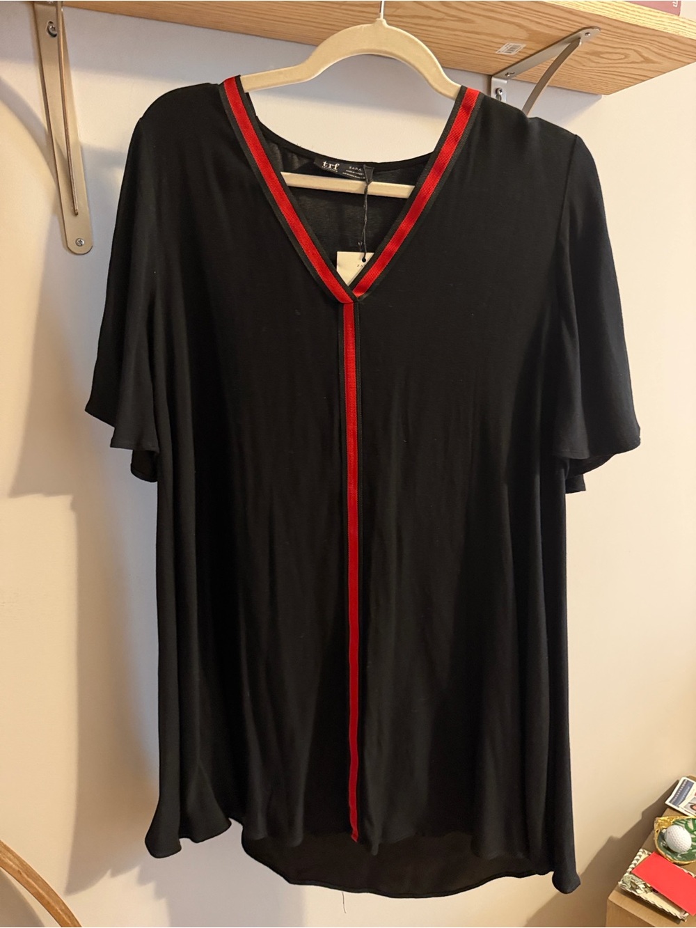 Zara Black Tunic with Red Trim V-Neck